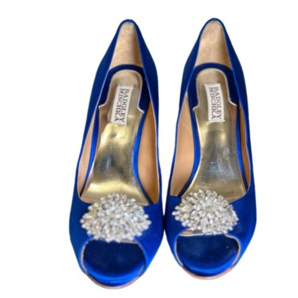 Electric blue satin 4 inch stiletto pumps with crystal brooch